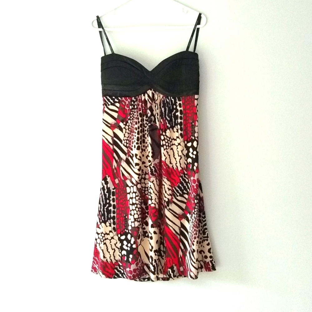 Bisou Bisou Strapless Flowy Dress Animal Print Black Red Beige White Size 12
